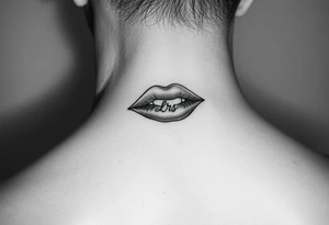 Feminine lip stain tattooed on the neck with the initials lrs beside it tattoo idea