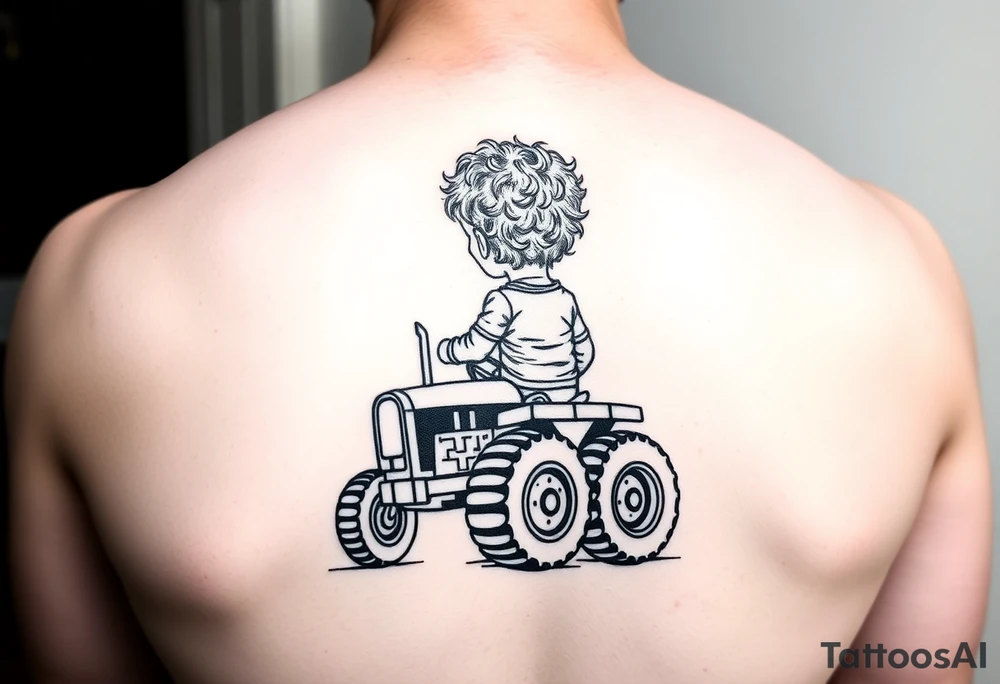 minimalist back view of curly headed toddler son riding a toy tractor with a geometric frame tattoo idea