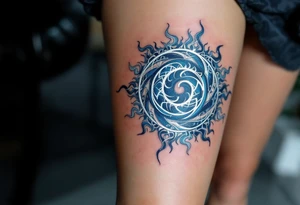 A deep blue Celtic sun tattoo, laced with silver highlights, swirls in an intricate spiral on the calf. tattoo idea