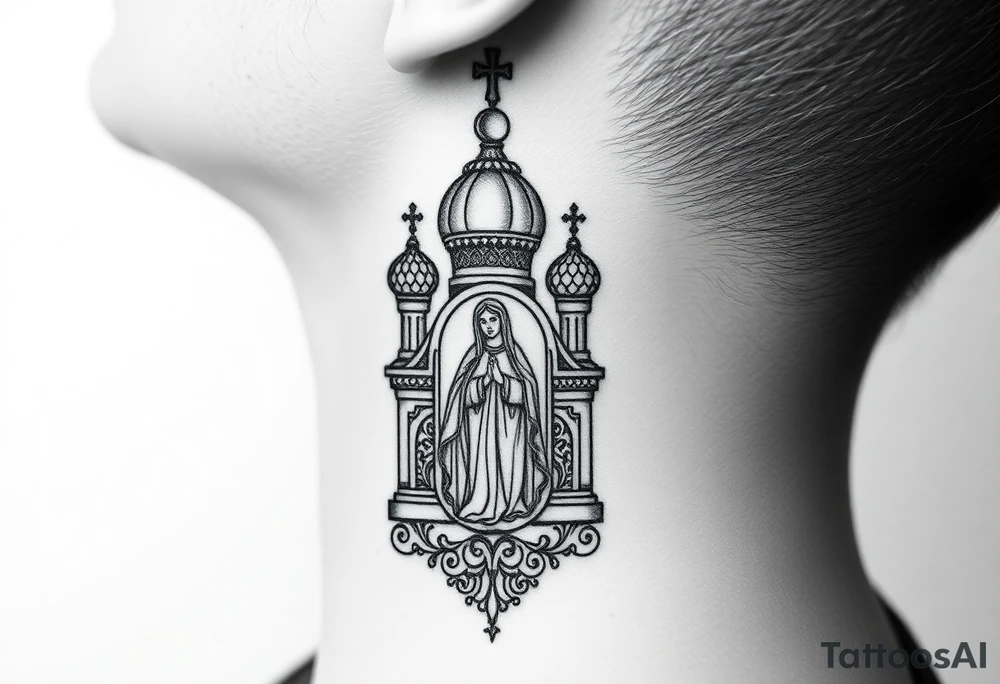 medium traditional russian orthodox church with russian coat arms and virgin mary on the side of your neck tattoo idea