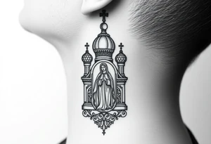 medium traditional russian orthodox church with russian coat arms and virgin mary on the side of your neck tattoo idea