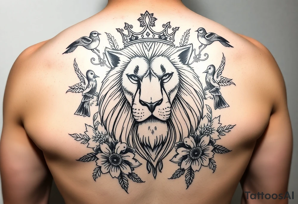 powerful majestic lion with a crown, surrounded by floral ornaments and birds tattoo idea