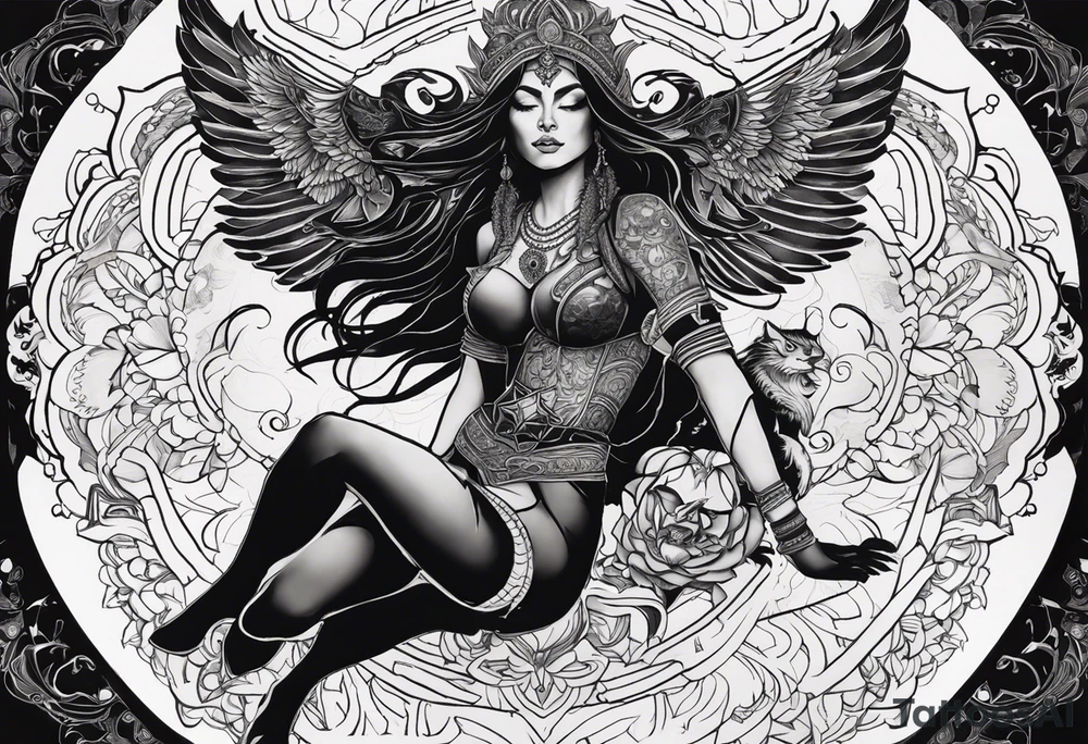 black kali, goddess pirate, alien, angel, pachamama, valkrye, warrior, flying, skull, lotus azul, wing, eagle, zenza resonance, stars, 5D, anahata chakra, death, durga, riding on a tiger, flying lady, chest tatoo tattoo idea
