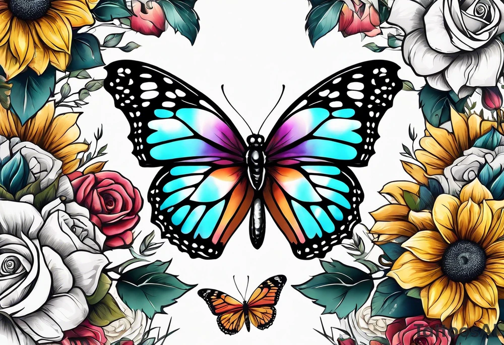 animal butterfly , flower rose, sunflower, tattoo idea