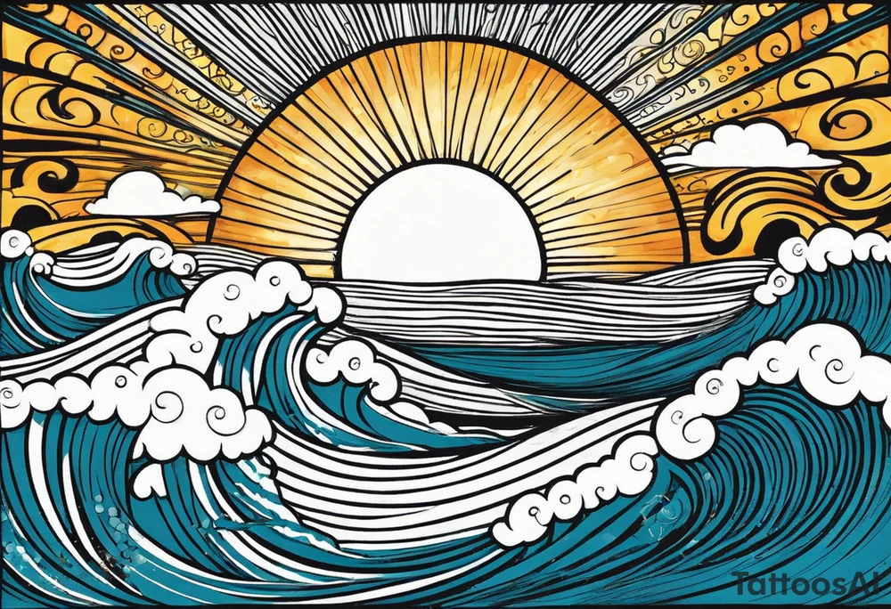 my sister's name Nėja and my mum's name Jūratė, I want to make a tattoo for them, I want to illustrate my sister as sun and my mum as ocean (wave or sea). My sister is very happy and always sunshine, my mum is strong and loves ocean. Made it in a circle. sun should radiate happy energy, ocean strong energy tattoo idea