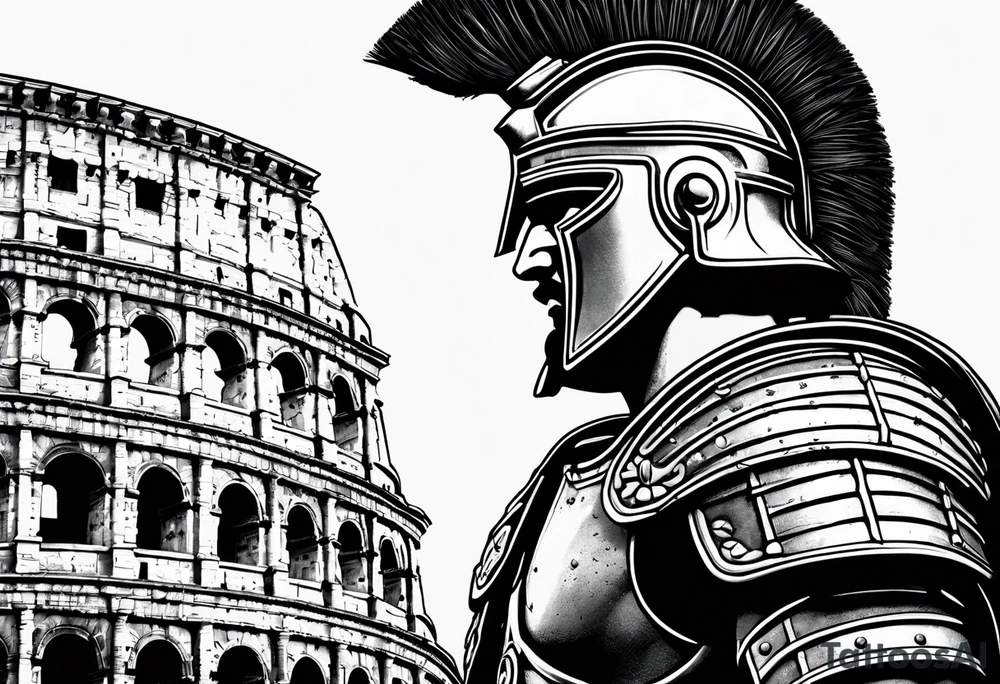 Side profile of spartan soilder looking left at Roman colosseum tattoo idea