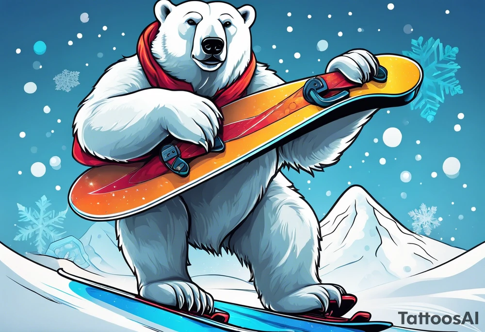 A polar bear standing on two legs holding a snowboard and wearing snow goggles tattoo idea