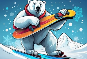 A polar bear standing on two legs holding a snowboard and wearing snow goggles tattoo idea