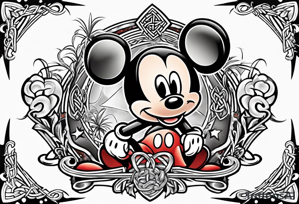 mickey mouse in a lightning storm with palm trees and the celtic symbol for family tattoo idea