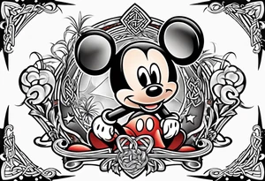 mickey mouse in a lightning storm with palm trees and the celtic symbol for family tattoo idea