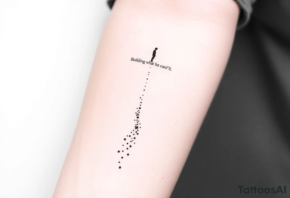 Black-ink minimalistic forearm tattoo symbolizing father watching over son and continuation of his legacy. Central design: fragmented path at bottom becoming solid as it rises. Along the path, particle-like dots flow upward, symbolizing father’s energy cheering the son on. At top, faint abstract father figure made of lines and particles, integrated into composition. Include Roman numerals VI·IV·MMXXIII and optional phrase “Building what he couldn’t”. Fine-line minimal style, vertical forearm layout, clean, emotionally powerful, black ink only tattoo idea