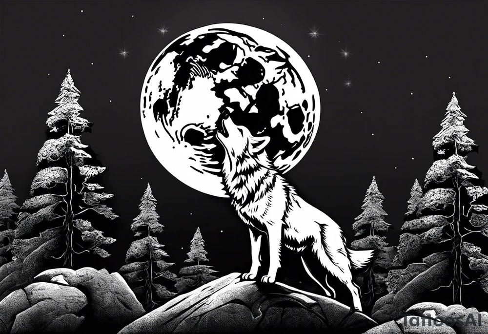 A wolf howling at the full moon on top of a rock surrounded by trees tattoo idea