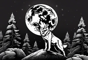 A wolf howling at the full moon on top of a rock surrounded by trees tattoo idea