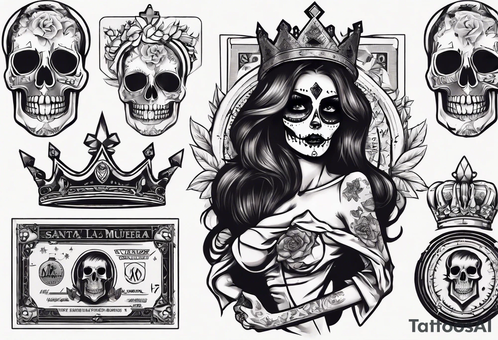 santa la muerta with money and crown
on the card tattoo idea