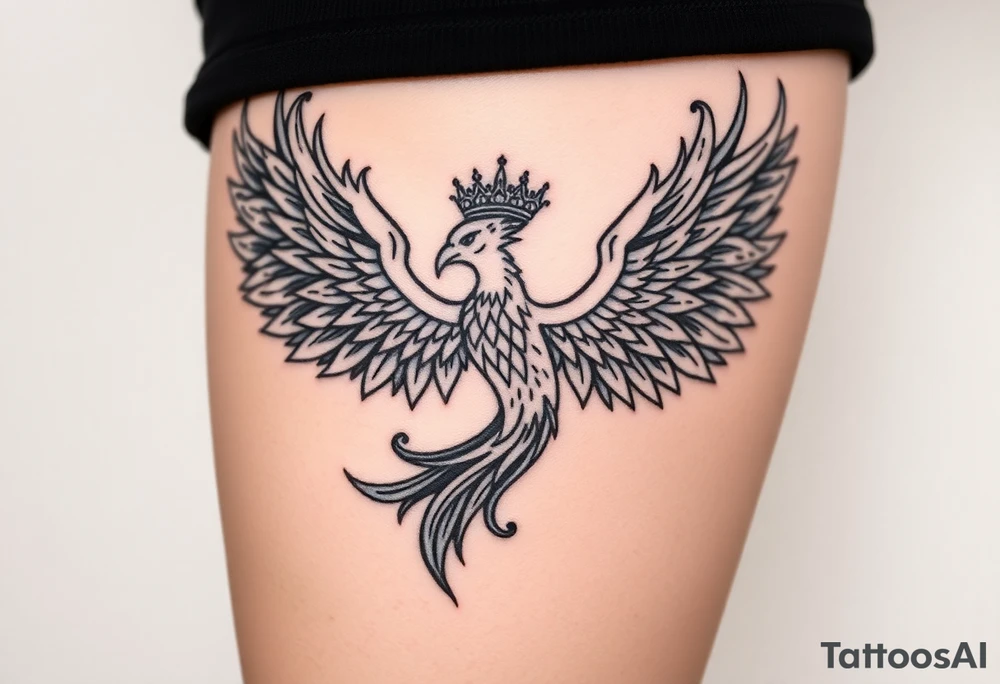 majestic fiery phoenix flapping wings with trailing flames and a crown of fire tattoo idea