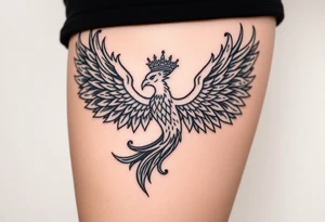 majestic fiery phoenix flapping wings with trailing flames and a crown of fire tattoo idea