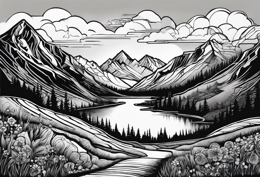 a road that is less traveled with a mountain and lake with the word "Hark" in a banner with a circular design tattoo idea