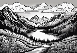 a road that is less traveled with a mountain and lake with the word "Hark" in a banner with a circular design tattoo idea