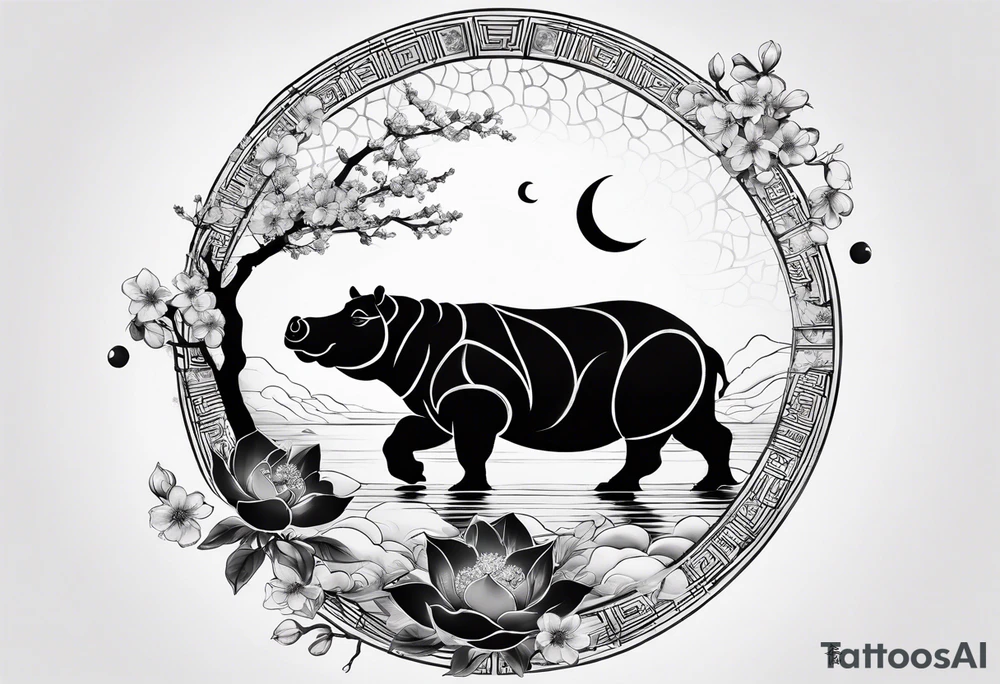 Very asymmetrical, +geometric pattern, with realistic full moon, with seeious looking hippo, +zen feel, + Buddhism touch,
with wintersweet flower bud, +portrait orientation, +inkart touch, tattoo idea