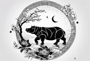 Very asymmetrical, +geometric pattern, with realistic full moon, with seeious looking hippo, +zen feel, + Buddhism touch,
with wintersweet flower bud, +portrait orientation, +inkart touch, tattoo idea