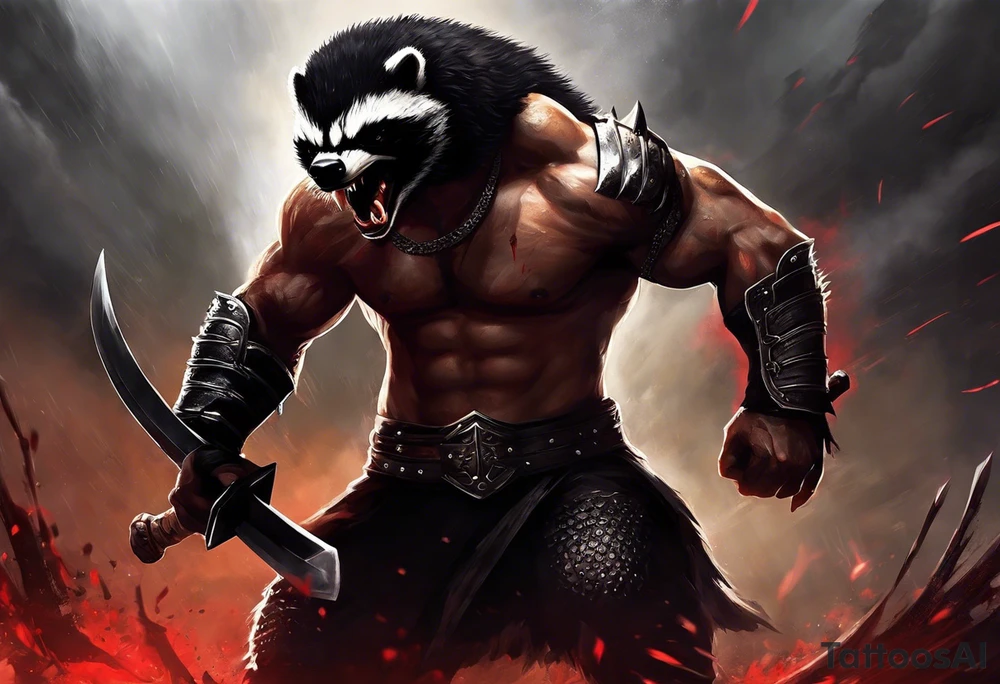 Draw me psychopath Fearless Honey Badger/Berserker with aggressive full body, killer face with a scary smile, very long nails and he attacks like a Bloody Assassin/Warrior/Gladiator to us and also, he has very deadly looking. He fights with his nails only. Everybody scares after their first sight. Give me horror type Badger Tattoo. I want to see his Realistic full body with no weapons. You can show destruction at the back. tattoo idea