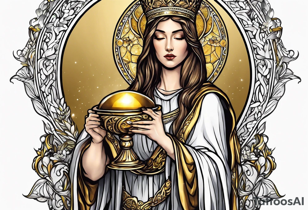 holy saint woman turned away with golden halo holding a chalice tattoo idea