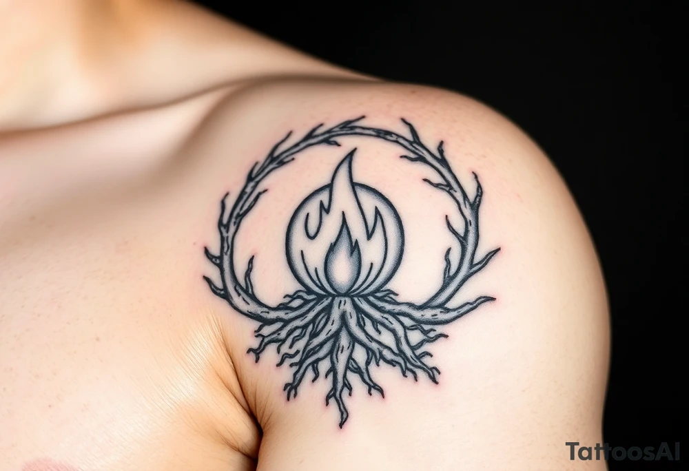 a round flame imprisoned in a roots circle tattoo idea