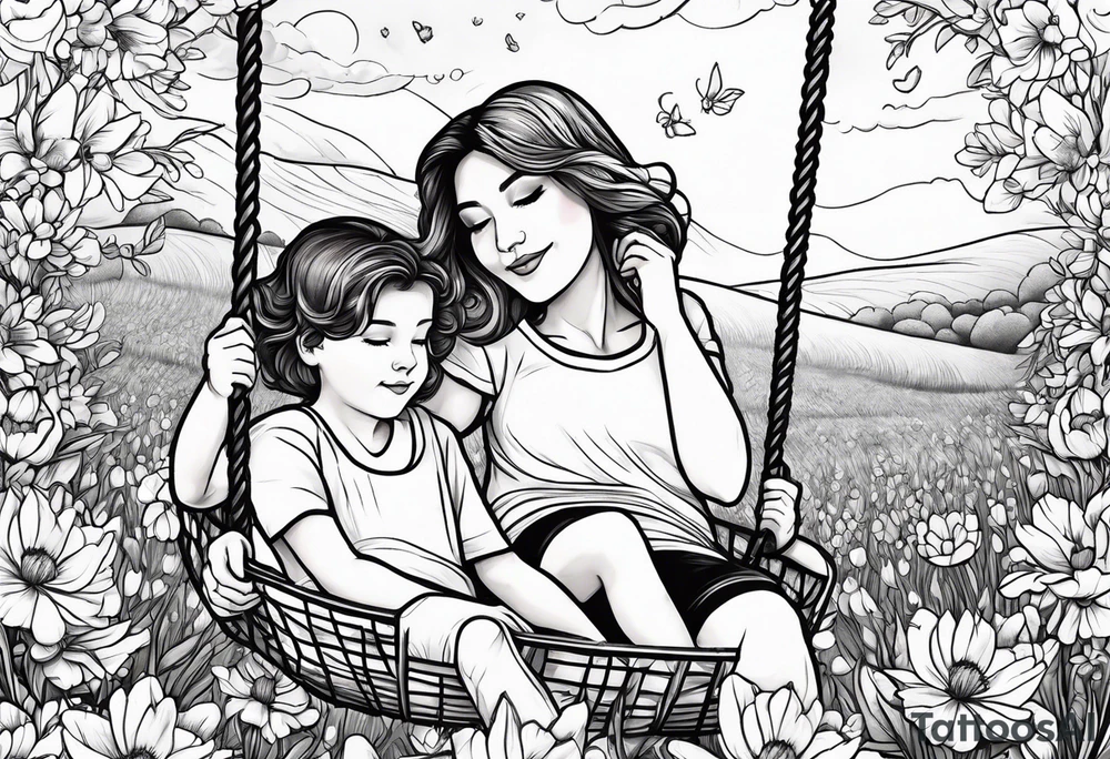 Mom with son and daughter on a swing in the distance in a field of flowers tattoo idea