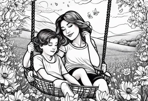 Mom with son and daughter on a swing in the distance in a field of flowers tattoo idea
