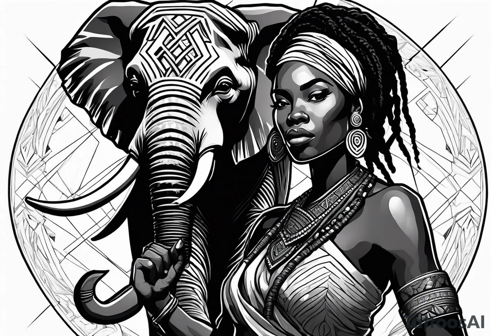 African woman warrior with dreadlocks, holding a spear with elephant in a background tattoo idea
