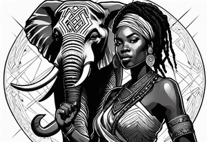 African woman warrior with dreadlocks, holding a spear with elephant in a background tattoo idea