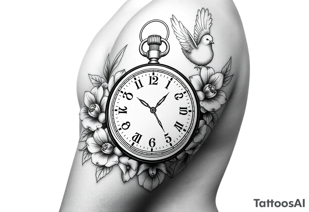 Pocket watch , surrounded by floral ornaments and dove, name spaces tattoo idea