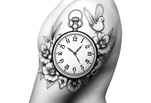 Pocket watch , surrounded by floral ornaments and dove, name spaces tattoo idea