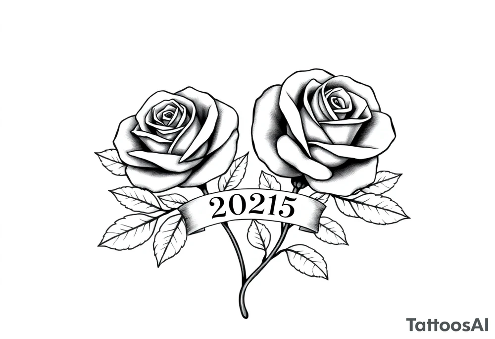 two beautiful large rose buds, one larger than the other, with many leaves next to the rose buds, with one sitting higher than the other. Include a banner connecting the two roses with "2025" on it.   Use dark outlines with little shading. The two stems should be short, not long, and connect and join into one stem, whimsically curved or twisted - not straight down. tattoo idea
