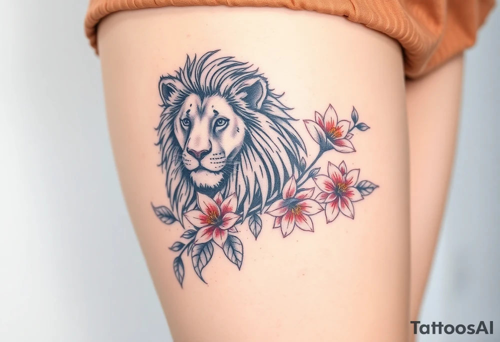 Lion with larkspur and water lilies tattoo idea