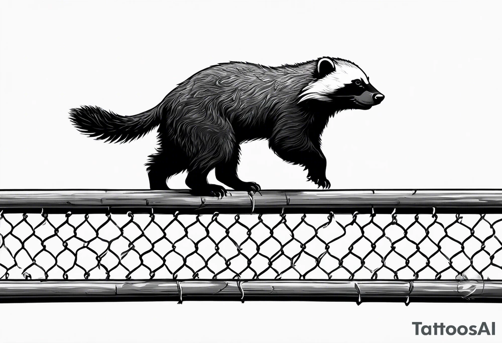 honey badger climbing-over, claws, behind, on its back legs, looking over fence tattoo idea