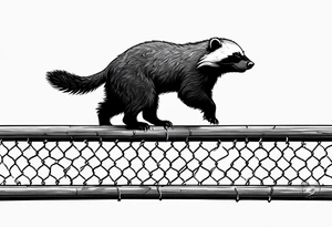 honey badger climbing-over, claws, behind, on its back legs, looking over fence tattoo idea