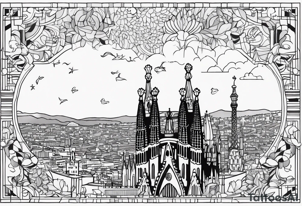 Barcelona cityscape with culture and music tattoo idea