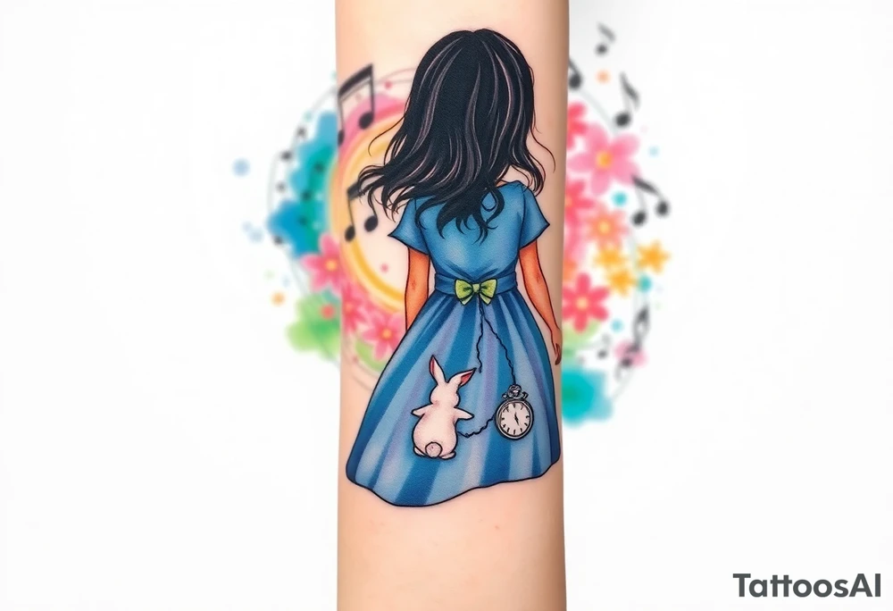 Back view of the silhouette of a girl in a blue dress. She is following a small white rabbit towards a colorful swirl with music notes, books, and flowers. A pocket watch is at the end of the swirl. tattoo idea