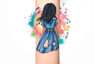 Back view of the silhouette of a girl in a blue dress. She is following a small white rabbit towards a colorful swirl with music notes, books, and flowers. A pocket watch is at the end of the swirl. tattoo idea