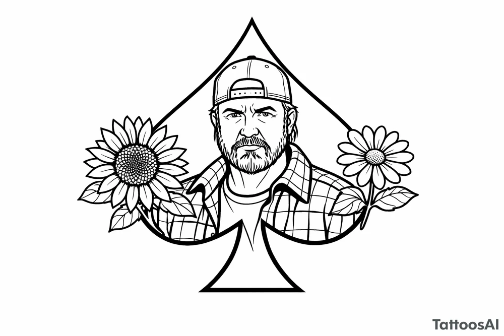 Bobby middle center inside the middle of the spade with a sunflower and a daisy on each side of the spade very super extremely traceable to trace onto notebook paper, very super extremely easy and simple traceable tracing black and white outlining outline coloring pages very super extremely traceable to trace onto notebook paper tattoo idea