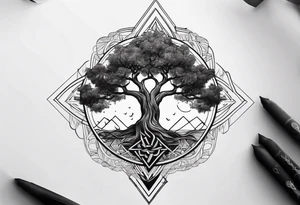 minimal Yggdrasil with roots 
3 line triangles behind tattoo idea