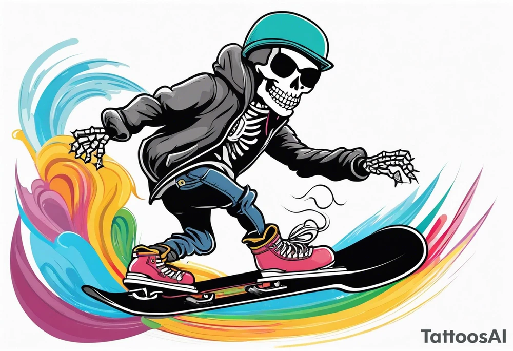 Black and grey skeleton riding a colorful snowboard doing a tail grab with a shot of whiskey in its hand tattoo idea