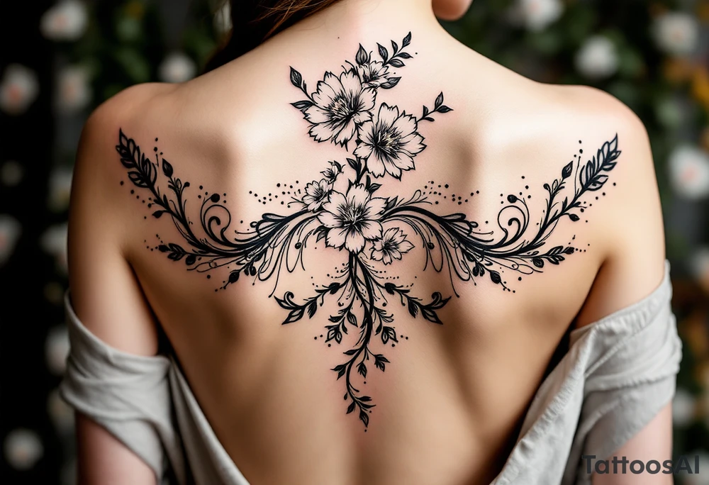 1.	Cherry Blossom Flow (Central Spine): A cascading cherry blossom flowing vertically along the spine to cover the central portion of the existing tattoo. Symmetrical patterns inspired by ornamental designs, with intricate curves and dotwork extending outward from the base of the spine. These elements should balance the floral motif and enhance the lower back area with a decorative, feminine flair.
	3.	Dotwork and Contouring: Delicate linework and dot patterns should be added around the floral design to give texture and seamlessly blend the tattoo with the surrounding skin. The ornamentation should curve naturally along the shape of the body, creating a cohesive, elegant look. tattoo idea