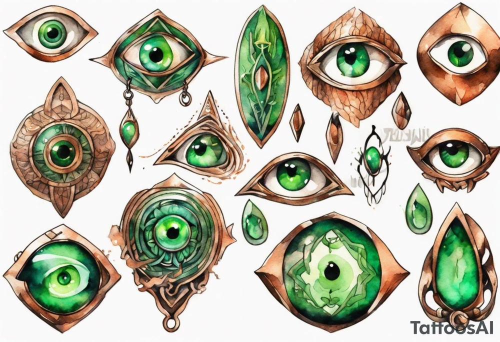 a copper and green eye-shaped amulet tattoo idea
