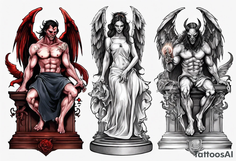 Demon and angel on podium tattoo idea