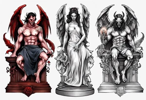 Demon and angel on podium tattoo idea