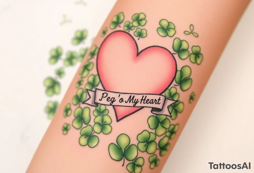 a big pale pink heart in a huge patch of green shamrocks, with a banner across the heart that says Peg 'o My Heart tattoo idea