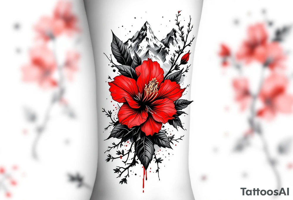 vertical wrist size red  and black rhododendron trippy with Himalayas behind tattoo idea