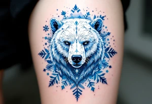 A spirit bear in white with blue accents, surrounded by snowflake and mountain motifs. tattoo idea